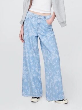 GAP Light Blue Wide-Leg Floral-Pattern Jeans